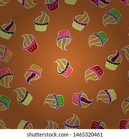 Seamless.Colorful and different cupcakes with sweet time written in the middle isolated in white, orange and yellow. Vector illustration.