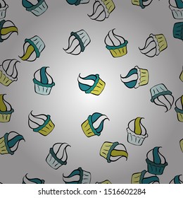Seamless.Colorful and different cupcakes with sweet time written in the middle isolated in yellow, black and white. Vector illustration.