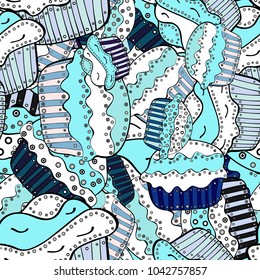 Seamless.Cupcake vector pattern. Happy birthday cupcake background in white, blue and neutral. Cupcake pattern background. Muffin. Vector illustration.