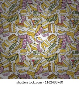 Seamless.Cupcake vector pattern. Happy birthday cupcake background in white, yellow and black. Cupcake pattern background. Muffin. Vector illustration.