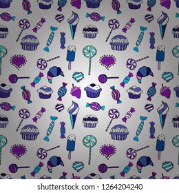 Seamless.Cupcake vector pattern. Happy birthday cupcake background in white, violet and blue. Vector illustration. Cupcake pattern background. Muffin.