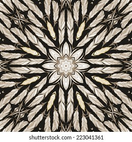 Seamlessgeometric  pattern with golden -white feathers on dark background