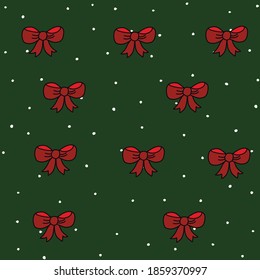 SeamlessGreen Pattern With Red Ribbows Bow Hand Drawn Design Elements