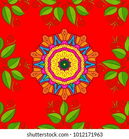 Seamless.Leaves. Manifold leaves on red, green and orange colors. Vector illustration.