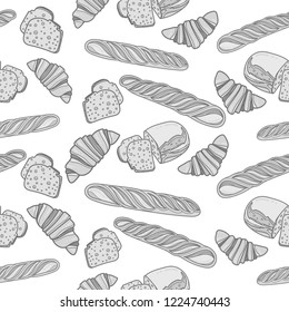 Seamlessly bakery monochrome pattern with baguette, home bread and croissant for print and web projects, posters, logos, products packaging.
