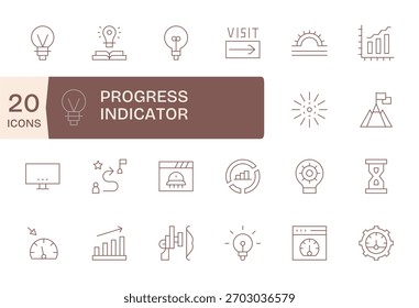 Integra a la perfección 20 iconos de líneas finas en proyectos de indicadores de progreso, optimizados para la consistencia de píxeles.