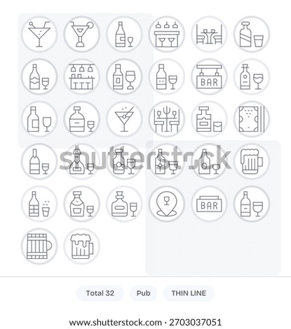 Seamlessly integrate 32 Thin Line icons into Pub projects, optimized for pixel consistency.