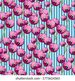 Seamlessly pattern of randomly arranged pink with eggplant tulips. Background in light blue, white and blue stripes. Fashionable and glamorous decoration of any of your bold advertising projects.