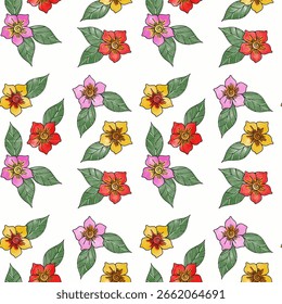 Design floral decorativo perfeitamente padronizado com flores e folhas. Ideal para decorar têxteis, papéis de parede, ou projetos de embalagem, trazendo um olhar vivo e natural.