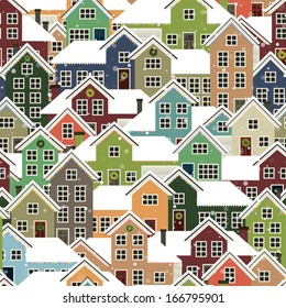 A seamlessly repeatable background depicting a residential neighborhood during Christmas. Eps 10 Vector.