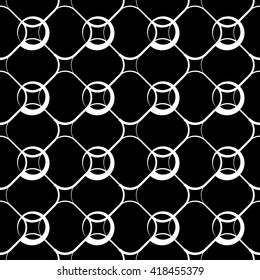 Seamlessly repeatable geometric, monochrome pattern with rounded shapes, circles