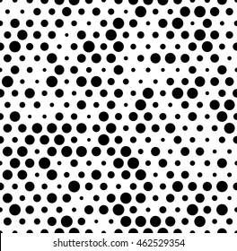 Seamlessly repeatable pattern with random, irregular dots, circles. Monochrome abstract illustration in speckled, halftone style. Geometric pointillist texture.