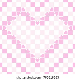 Seamlessly repeatable vector pattern with pink hearts on square pink and white (checkered) background. Valentine's day background design. Vector illustration.