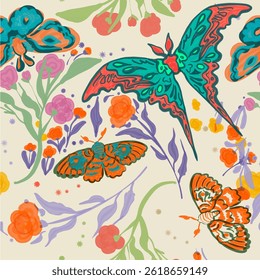 Seamlessly repeatable vector pattern with stylized hand-drawn flowers, leaves and butterflies with brushstroke effects in orange, purple and green. Flower garden themed wallpaper design.