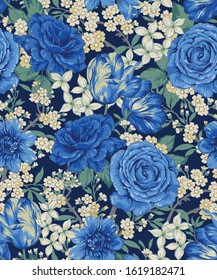 Seamlessly repeating blue chintz floral wallpaper pattern