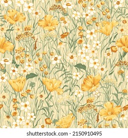 Seamlessly repeating California poppy field on yellow background