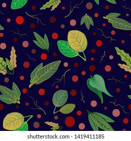 Seamlessly repeating set of various leaves, on a dark twilight blue background - Vector. Suitable for use in fashion, crafting, gift decoration, wallpaper etc. 