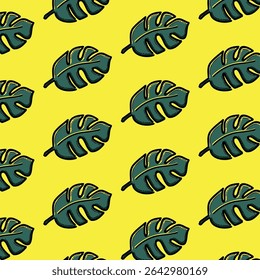 Seamlessly repeating tropical pattern featuring vibrant monstera leaves adorned on a bright yellow backdrop.