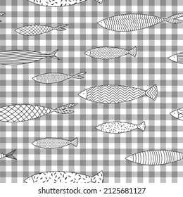 Seamlessly tiling fish pattern. Seamless fish pattern on grey check background. Repeat vector illustration.Vector texture fish pattern,Seamless Hand drawn pattern with fish. Modern print 