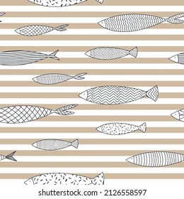 Seamlessly tiling fish pattern. Seamless fish pattern on horizontal beige stripe background. Repeat vector illustration.Vector texture fish pattern,Seamless Hand drawn pattern with fish. Modern print 