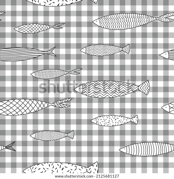 Seamlessly tiling fish pattern. Seamless fish pattern on
grey check background. Repeat vector illustration.Vector texture
fish pattern,Seamless Hand drawn pattern with fish. Modern print
