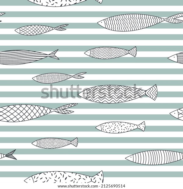 Seamlessly tiling fish pattern. Seamless fish pattern on\
green horizontal stripe background. Repeat vector\
illustration.Vector texture fish pattern,Seamless Hand drawn\
pattern with fish. Modern print\
