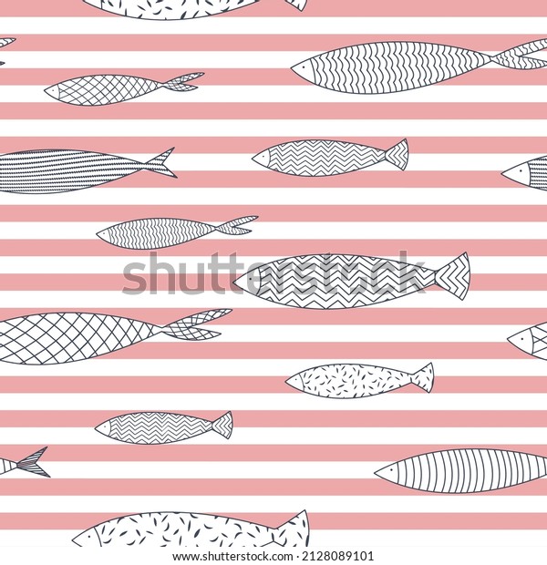 Seamlessly tiling fish pattern. Seamless fish pattern on\
pink horizontal stripe background. Repeat vector\
illustration.Vector texture fish pattern,Seamless Hand drawn\
pattern with fish. Modern print\
