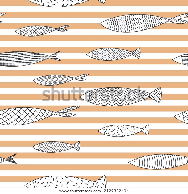 Seamlessly\
tiling fish pattern. Seamless fish pattern on orange horizontal\
stripe background. Repeat vector illustration.Vector texture fish\
pattern,Seamless Hand drawn pattern with\
fish.
