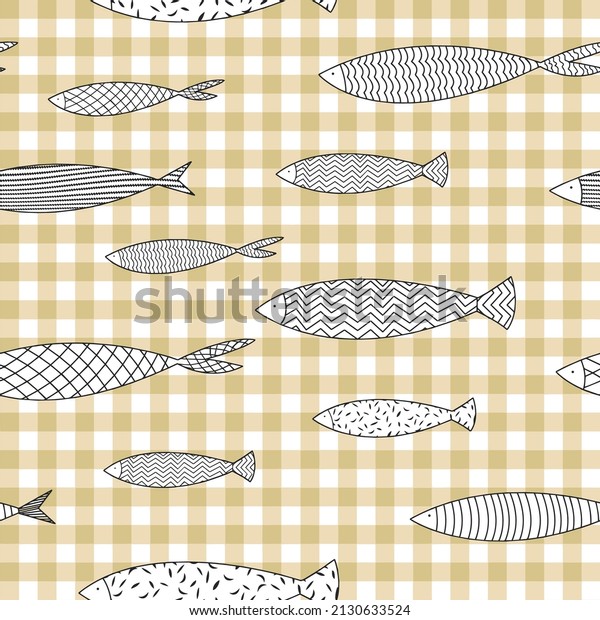 Seamlessly tiling fish pattern. Seamless fish pattern on
green check background. Repeat vector illustration.Vector texture
fish pattern,Seamless Hand drawn pattern with fish. Modern print
