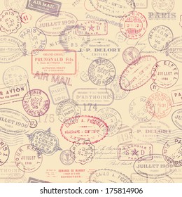 seamlessly tiling postage themed pattern with vintage stamps