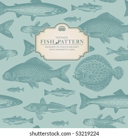 seamlessly tiling retro fish pattern (plus label for usage as card or cover)