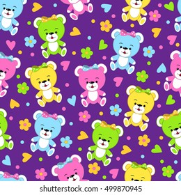 seamless,pattern with bear toys,flower and heat on a lilac  background,illustration,vector