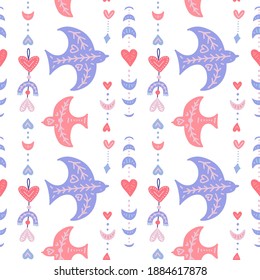 Seamlesspattern with boho birds and geometric feathers and moon. Flat vector illustration background.