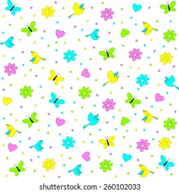  seamless,pattern of butterflies, birds and flower on a white background, vector