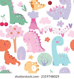 Seamlesspattern with  cute cartoon dino, pink volcano, cute bushes and trees, flowers, hearts, cherry, clouds.Vector illustration on white background.