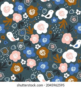 Seamlesspattern with a little birds and flowers. Creative floral texture. Great for fabric, textile Vector Illustration