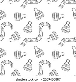 Patrón sin marea con sombrero de rayas de punto con las manos limpias y bufanda de fondo blanco negro. Dibujo manual de ilustración vectorial en el estilo vintage grabado con el contorno de doodle. Diseño de empaquetado de invierno