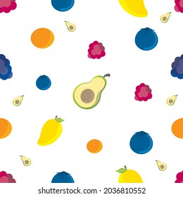 Seamless-Pattern-Background of Delicious fruits Mango, Avocado, Blueberry, Blackberry, Raspberry and Orange