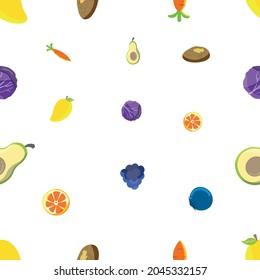 Seamless-Pattern-Background of Delicious fruits and vegetable
Carrot, Cabbage, Mango, Avocado, Blueberry and Orange