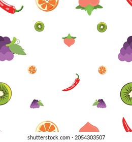 Seamless-Pattern-Background of Fruit and Vegetable. Chili, Orange, Kiwi , Peach and Grape