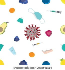 Seamless-Pattern-Background of Mask, Vaccine, Gel, Alcohol gel, Lot of fruits, Covid sick and Hand clean. Healthcare and Medical concept