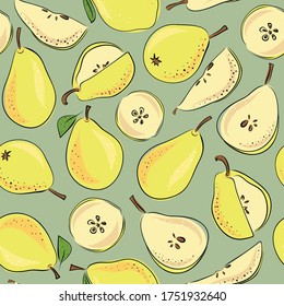 Seamlesss pattern with hand drawn cartoon style pears. For textile, paper, fabric. For kitchen and kids.