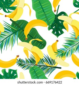 Seamlesss pattern with hand drawn cartoon style bananas and tropical leaves.