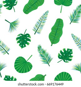 Seamlesss pattern with hand drawn cartoon style tropical leaves.