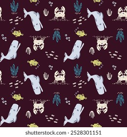 Seamlesss, pattern small animals in sea for decoration with dark red background