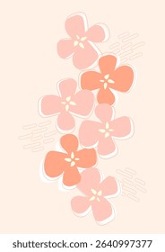 A seamless-style floral composition with pastel-colored flowers in coral and pink tones, combined with abstract line accents on a soft beige background. Ideal for wallpapers, fabric prints, and spring