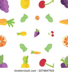 Seamless-The Pattern of Carrot, Cherry, Grape, Pineapple, Spring onion. Healthcare and Medical concept