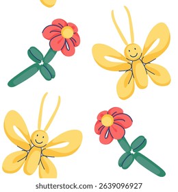 Seamllees pattern with butterfly and flower balloons. Sketch vector illustration on white background