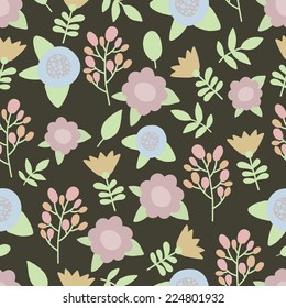 Seamlles floral nature pattern. Black drop with flower and brunch hand drawn