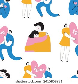 Seamlles pattern.Vector illustration. Happy valentine's day. Boy and girl cartoon character. All elements isolated